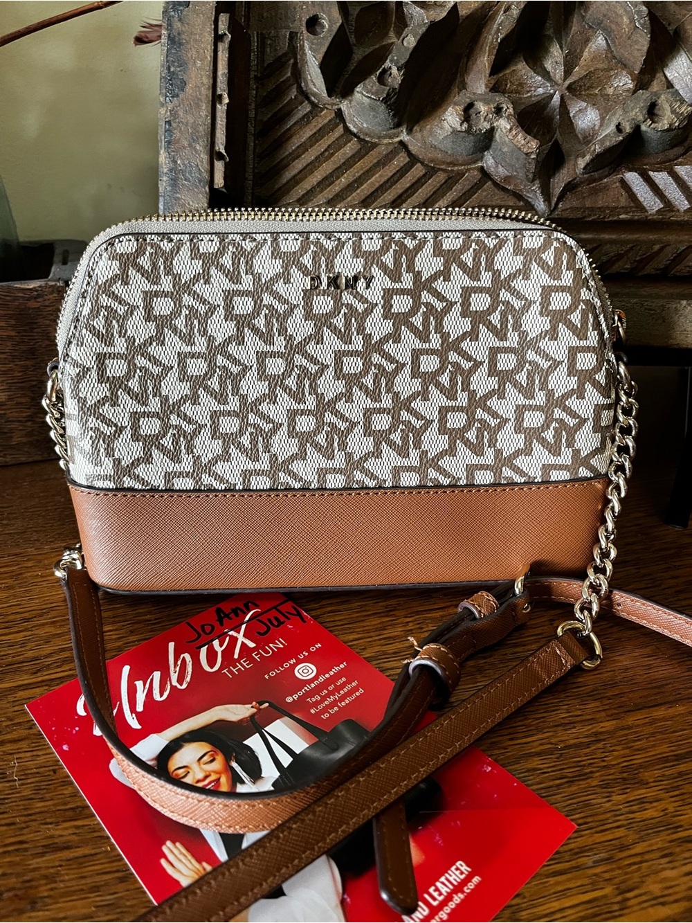 Dkny Bryant Park Dome Zip Crossbody Bag w/Gold-Tone Chain and Monogrammed Logo